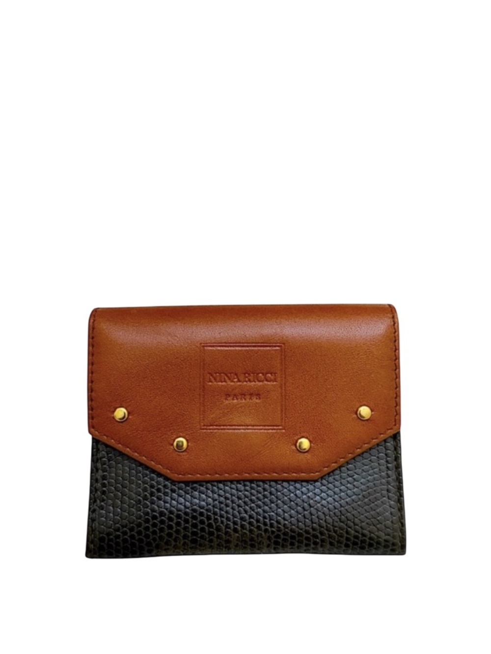 NINA RICCI - DARK GREEN BROWN ALL LEATHER COIN POUCH SNAP WALLET